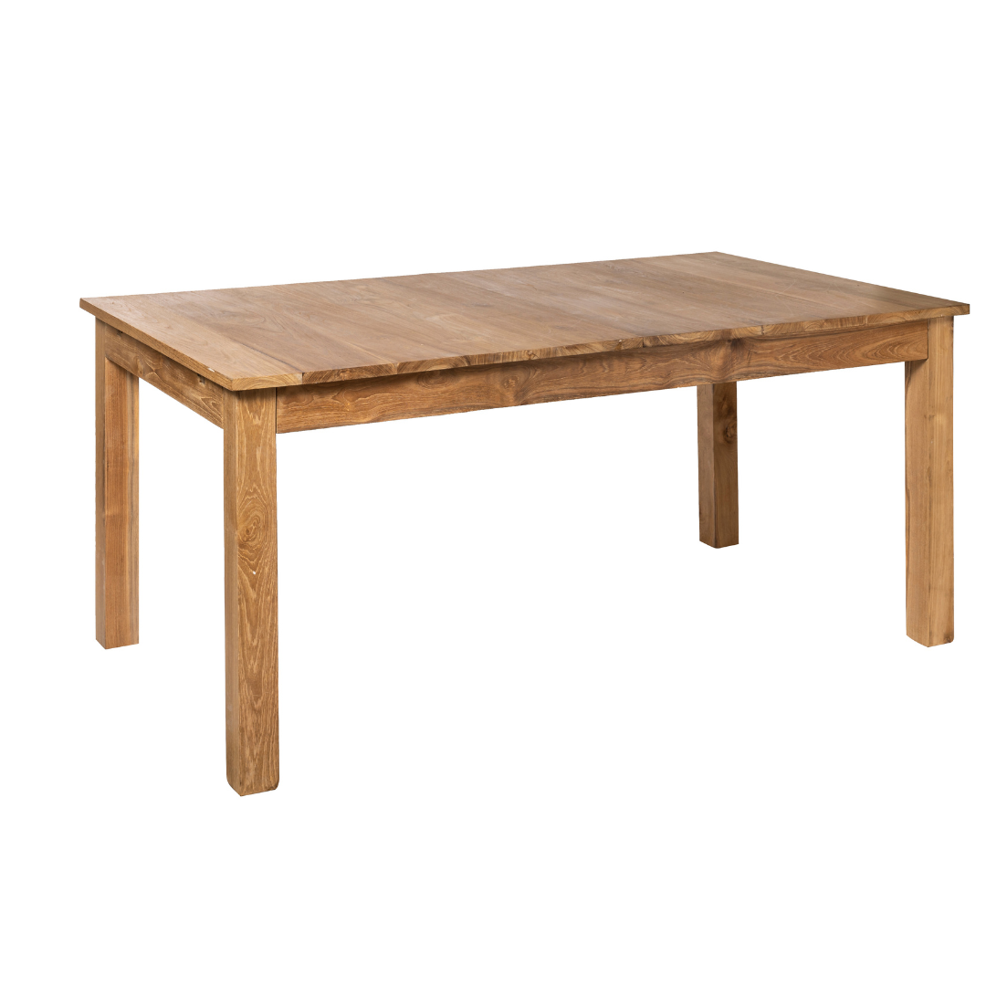 La mesa de comedor extensible en madera de teca Alex presenta un aspecto moderno con su forma rectangular, construcción duradera de madera de teca, acabado natural y patas robustas.