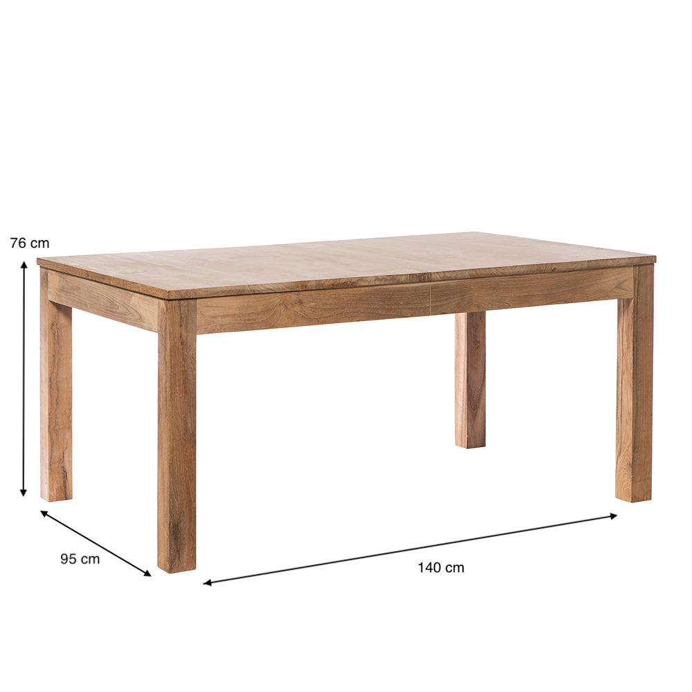 La mesa de comedor extensible en madera de teca Nabila es una mesa rectangular de madera de elegante diseño elaborada con teca de primera calidad, que mide 76 cm de alto, 95 cm de ancho y 140 cm de largo.