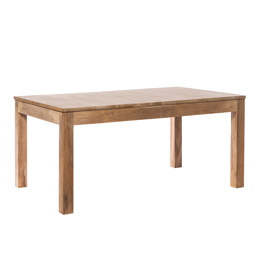 La Mesa de comedor extensible en madera de teca Nabila es una mesa rectangular con un acabado en teca de primera calidad, cuatro patas resistentes y una superficie lisa que muestra un diseño elegante.