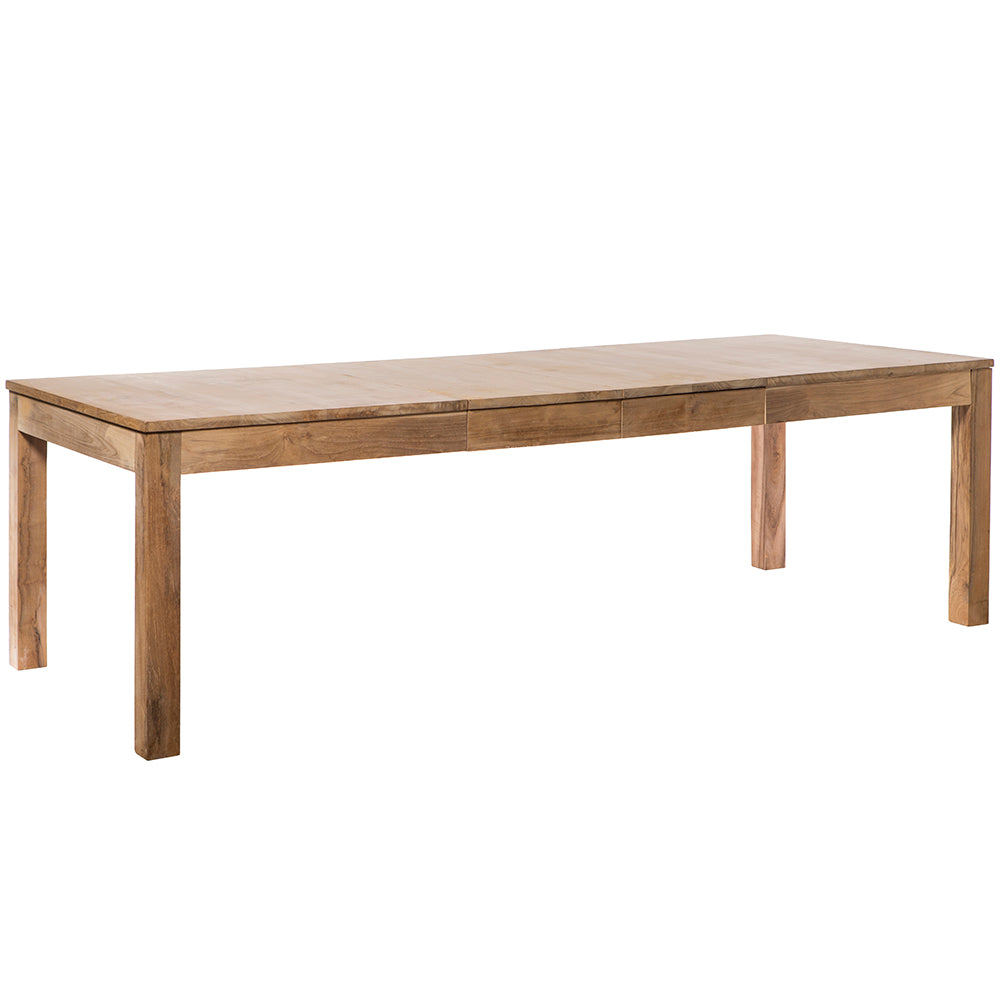 La mesa de comedor extensible en madera de teca Nabila es una elegante mesa de comedor rectangular de teca con un diseño elegante y minimalista y cuatro patas resistentes.