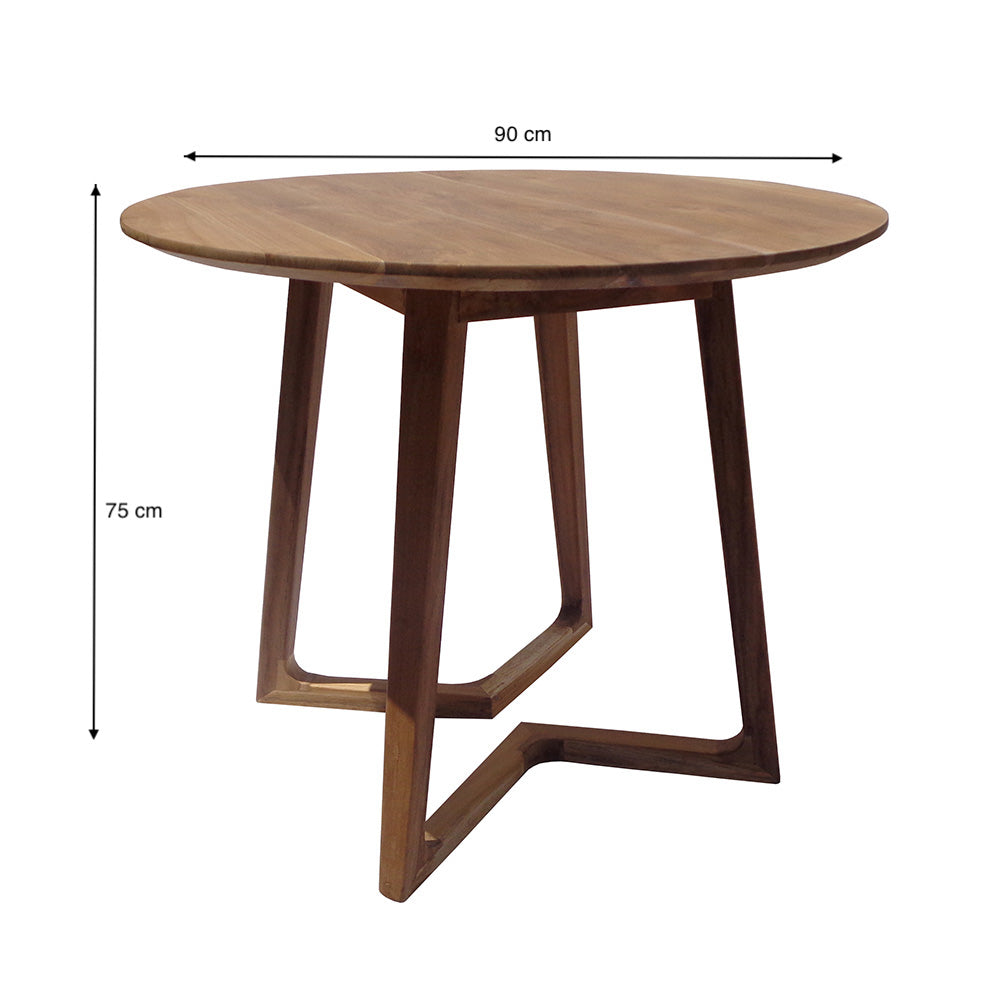 Mesa auxiliar Redonda en Madera de teca Natural Planet Ø90, 90 cm de diámetro y 75 cm de alto, con patas anguladas. Perfecta como mesa comedor pequeña o mesa auxiliar, aporta calidez y estilo a cualquier espacio.