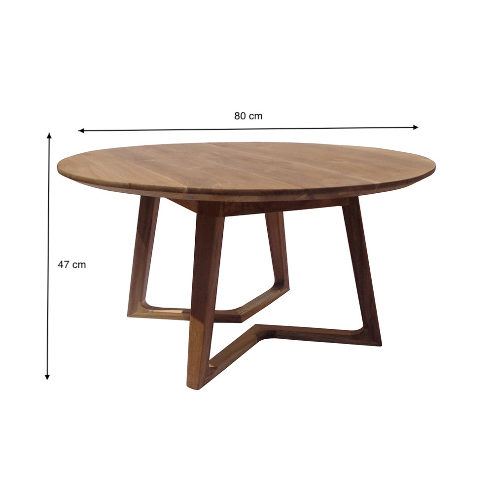 La Mesa auxiliar Redonda en Madera de teca Planet Ø80, con patas anguladas y acabado moderno, mide 80 cm de diámetro y 47 cm de alto; ideal para salones contemporáneos y mostrada sobre fondo blanco.