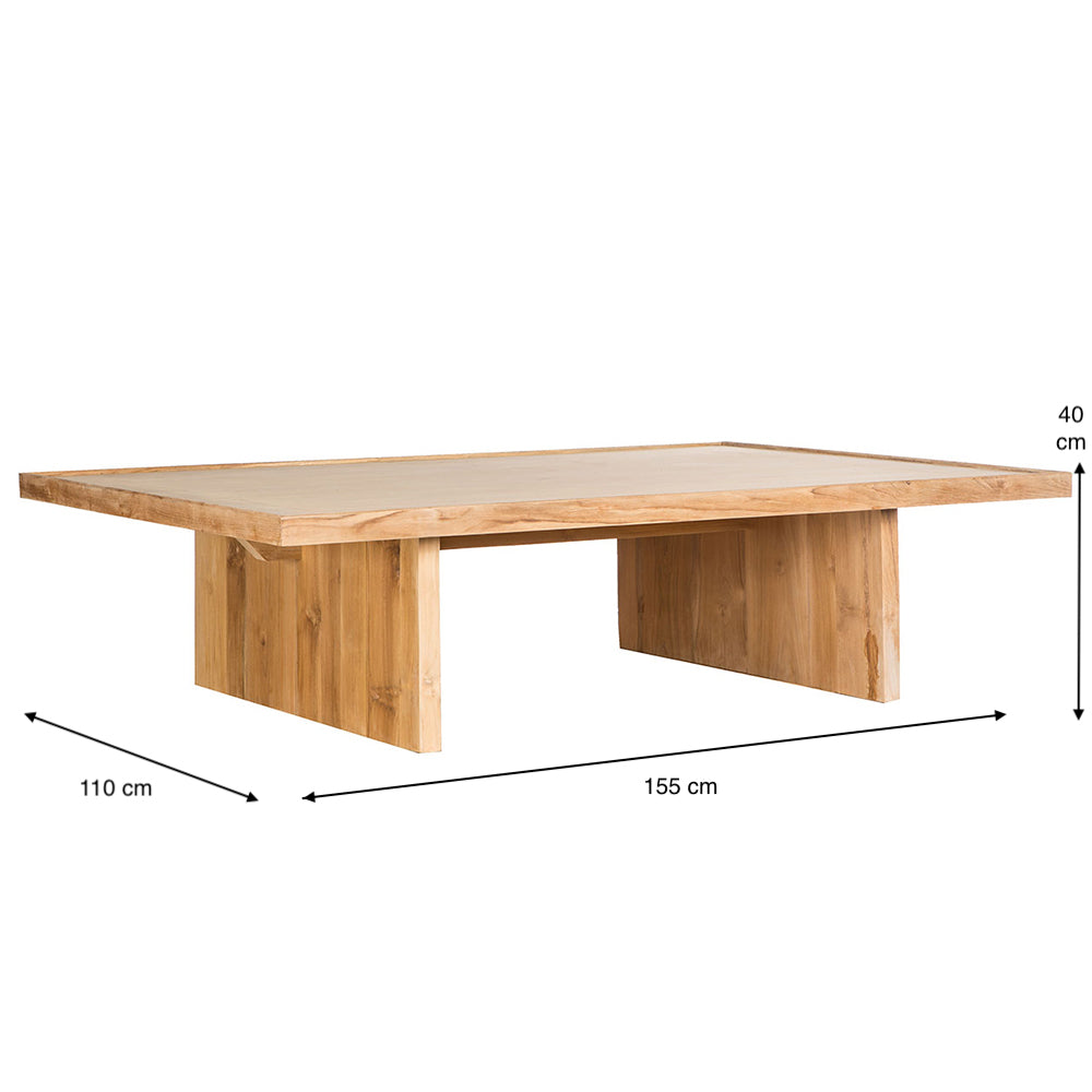 La Mesa de centro en madera de teca y caucho Cote es una impresionante mesa de centro de madera con un tablero rectangular sostenido por dos patas de losa verticales, que mide 155 cm de largo, 110 cm de ancho y 40 cm de alto, y que incorpora un elegante diseño moderno.