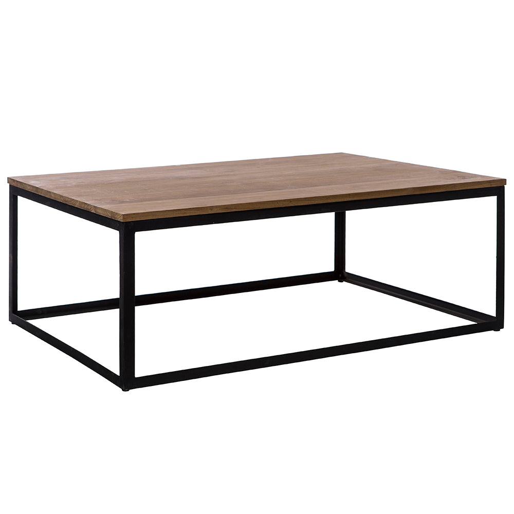 Una Mesa de centro rectangular de Roble elaborada con teca y hierro, que muestra de manera experta el diseño industrial moderno.