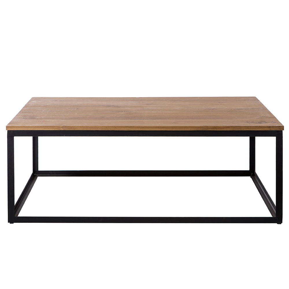 La Mesa de centro rectangular en teca y hierro Oak presenta una tapa de madera de teca marrón claro con un elegante marco de metal negro, perfecto para agregar un diseño industrial moderno a cualquier espacio.