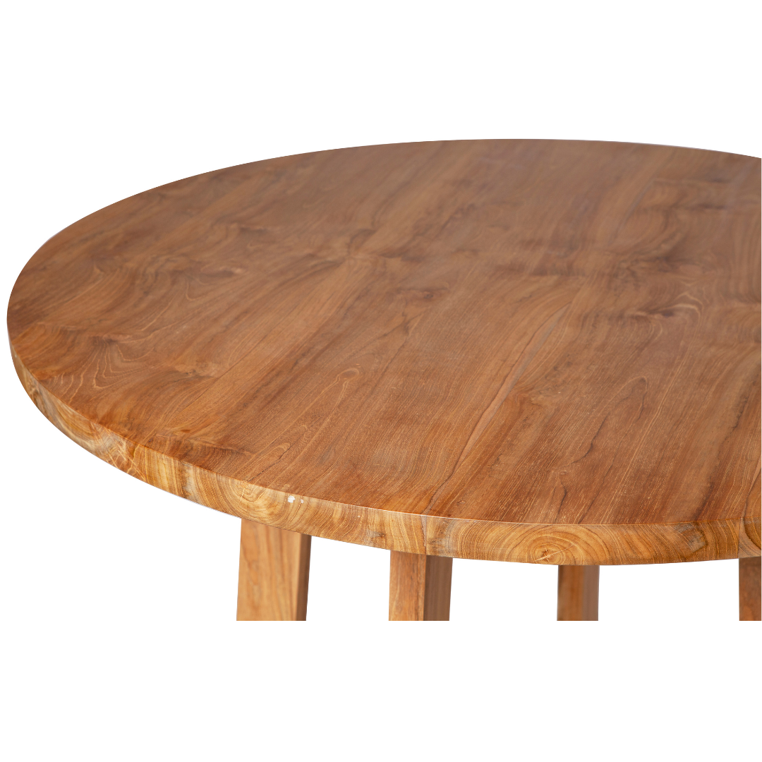 Mesa de comedor redonda realizada en madera de teca, de superficie lisa y veta visible, de elegante diseño como la Mesa de comedor (Ø120 cm) redonda en madera de teca Begur.