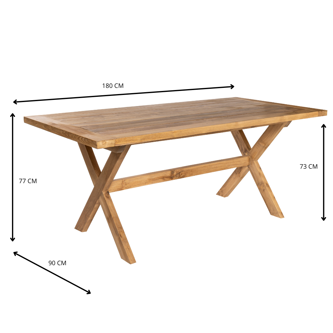 La mesa de comedor en madera de teca para exterior Begur tiene un tablero rectangular con patas en forma de X, elaborado con madera de teca noble. Con unas medidas de 180 cm de largo, 90 cm de ancho y 77 cm de alto, es ideal para ambientes de patio elegantes.
