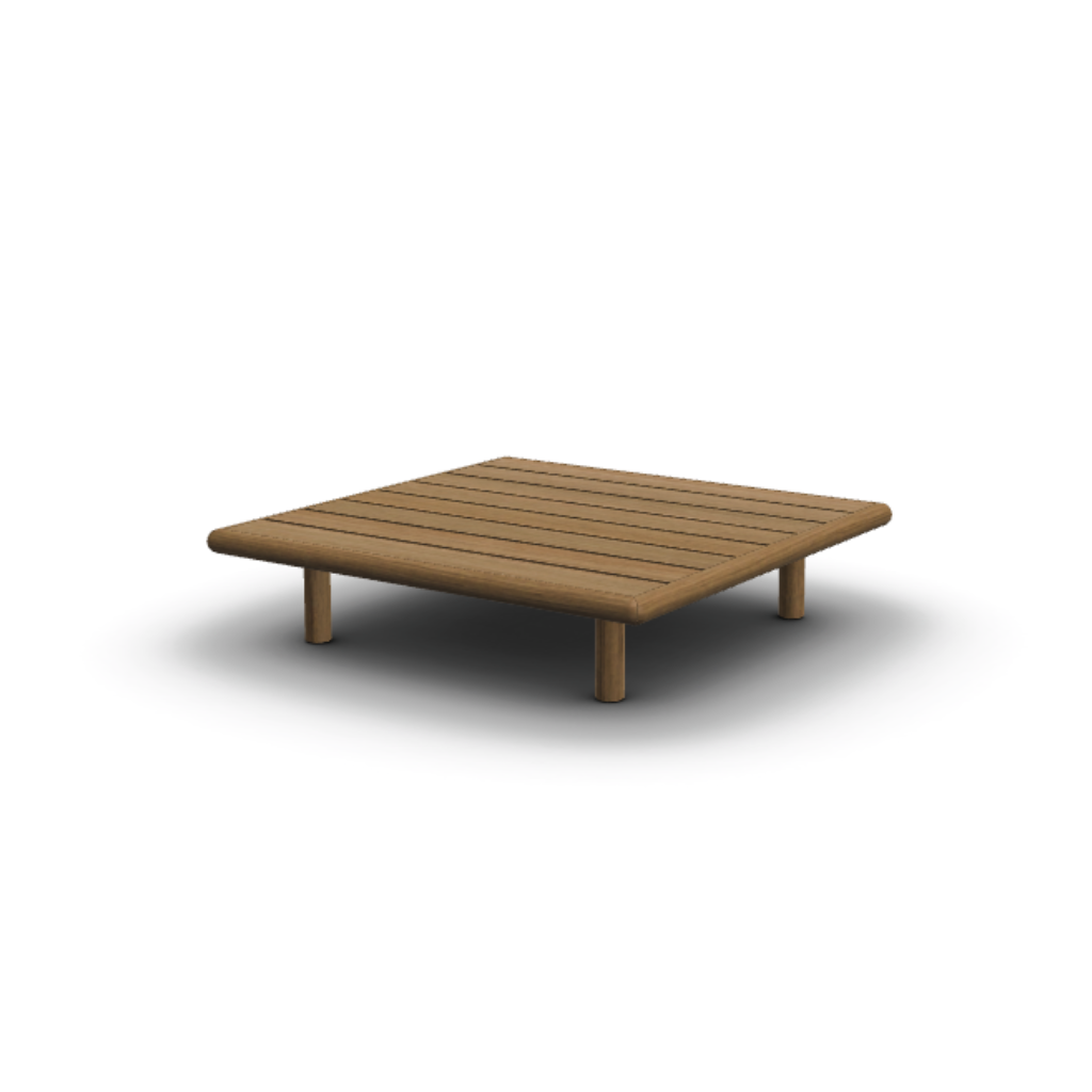 La mesa de centro de exterior cuadrada SAMBA, 90 × 90 × 30 cm, está hecha de teca natural con patas cilíndricas y tablero de listones, en estilo moderno y fondo blanco.