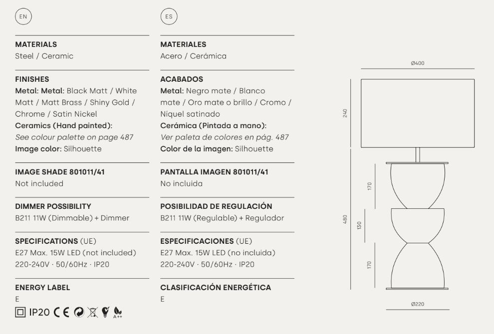 Ficha técnica bilingüe de la Lámpara de mesa en Cerámica y Metal Metric con decoración moderna: incluye materiales, acabados, dimensiones, tipo de lámpara, etiqueta energética y un dibujo técnico lineal de la lámpara a la derecha.