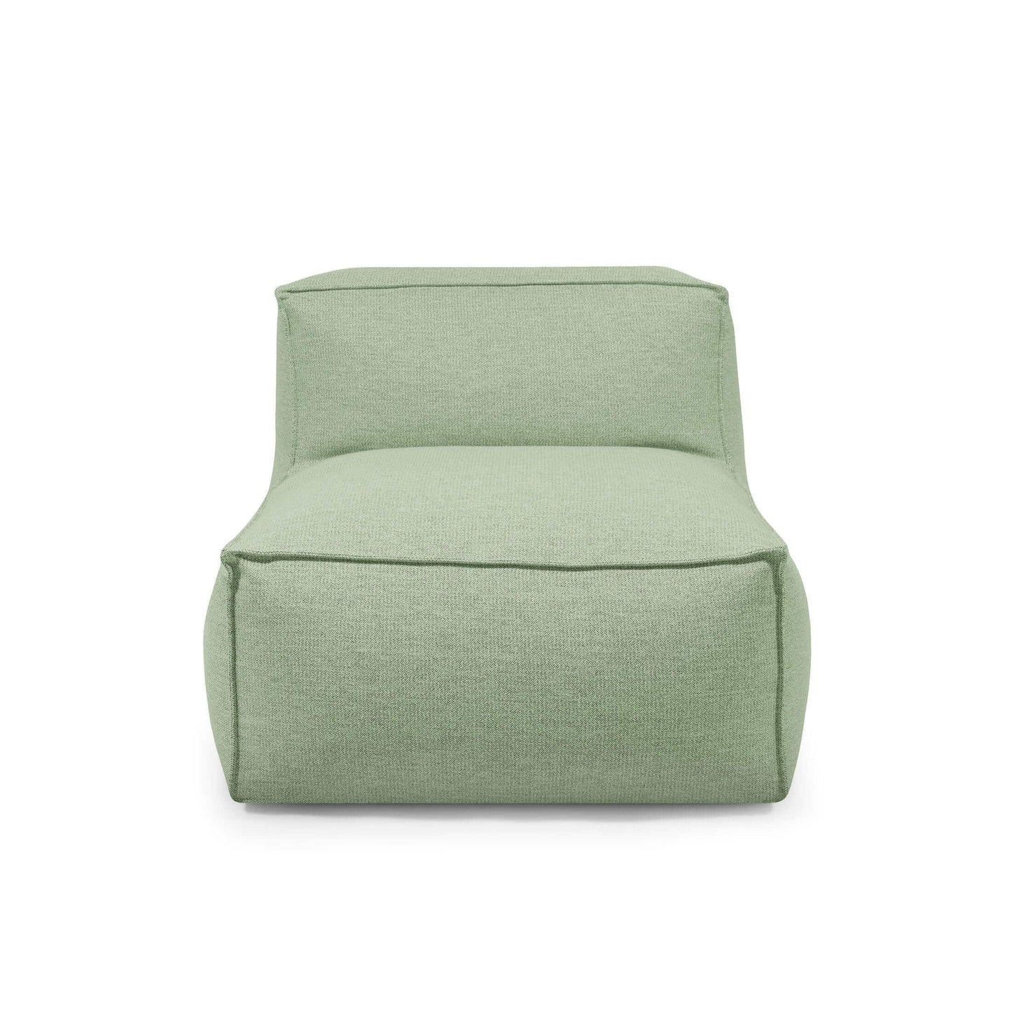 Vista frontal del Bean Bag Mass Open Modul 90 Dunes- un moderno sillón modular sin brazos de color verde claro con suaves cojines en forma de caja y diseño minimalista, ideal para uso en interiores o exteriores con relleno de espuma y perlas para mayor comodidad.