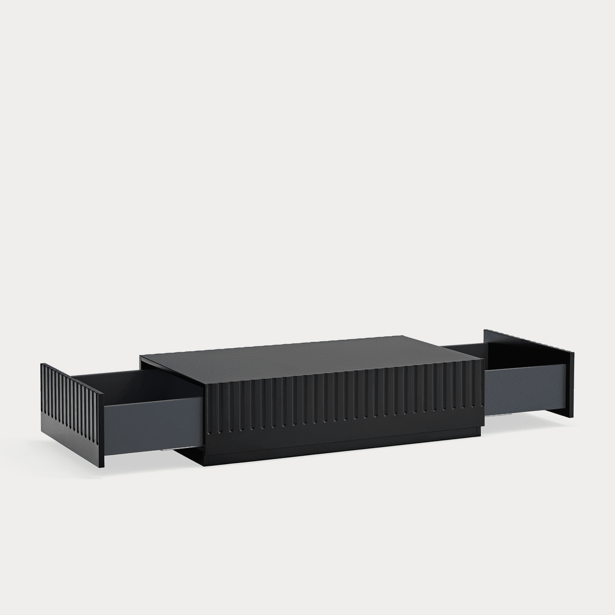 La Mesa de Centro Doric es una moderna mesa rectangular negra con lados acanalados, que cuenta con dos cajones extraíbles abiertos en cada extremo para almacenamiento oculto, ofreciendo una apariencia elegante y organizada.