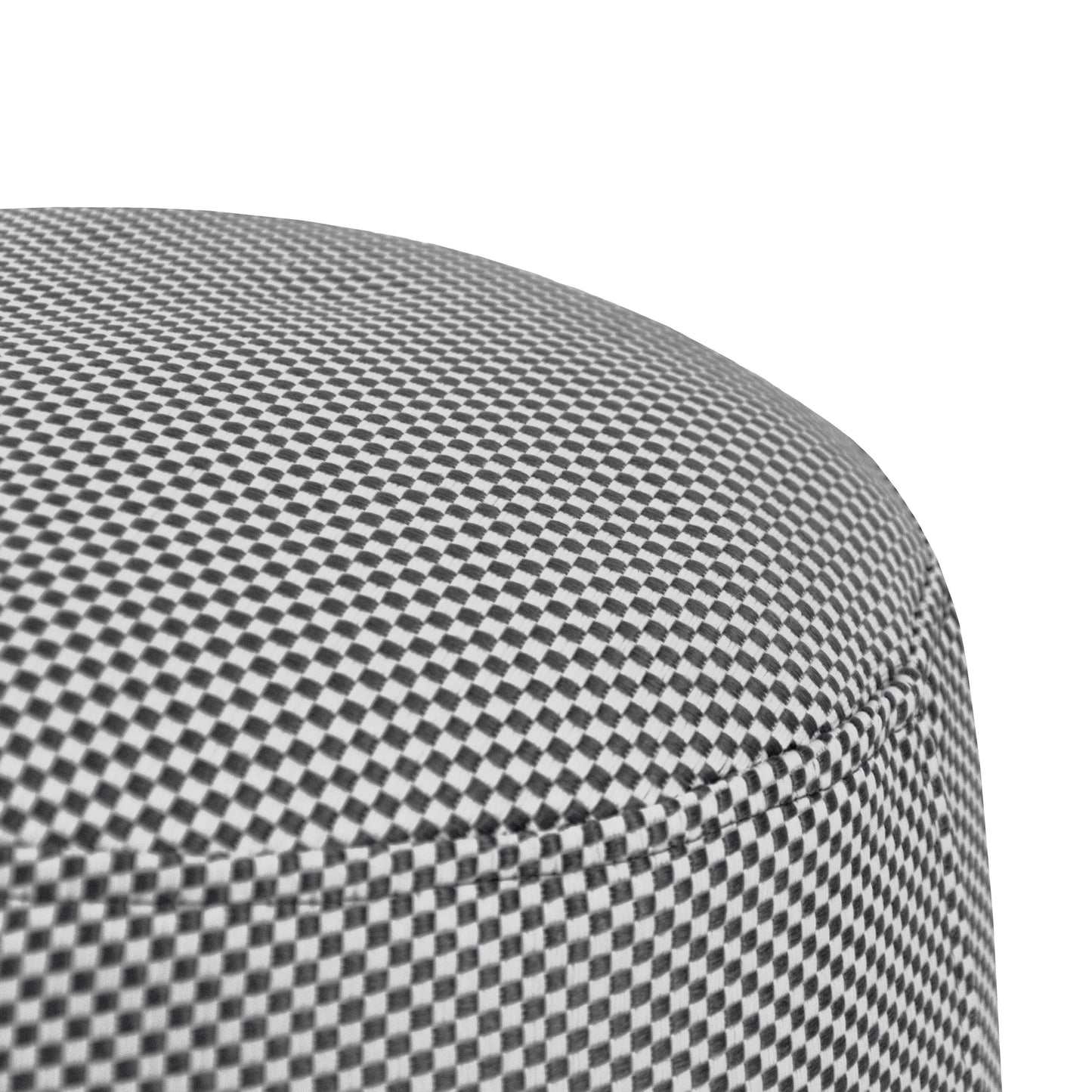 Detalle del Pouf Mini Capri Impermeable - Uso Exterior, un asiento redondo acolchado con un estampado de cuadros blancos y negros.