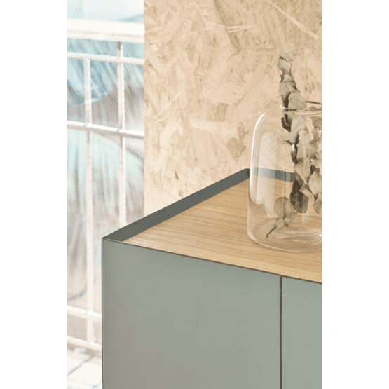 El Mueble Auxiliar con Puertas Arista 3P, con una superficie de madera clara, muestra un jarrón transparente con ramas decorativas contra una pared texturizada. Esta moderna pieza cuenta con tablero de MDF lacado para realzar su elegante diseño.