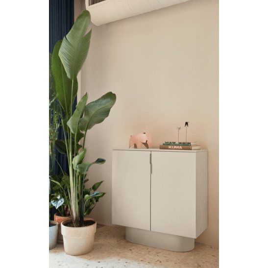 El Aparador moderno con Puertas Totem 2P, adornado con libros y decoración en la parte superior, se encuentra junto a tres plantas en macetas, incluida una alta con hojas anchas, contra una pared de color claro, que encarna el minimalismo.