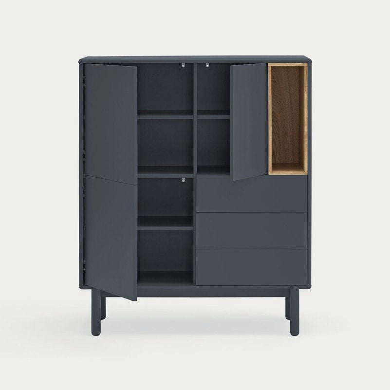 El Mueble Auxiliar con Puertas y Cajones Corvo 3P3C es un mueble gris oscuro con diseño abierto, que incluye estantes en la parte izquierda, cajones en la parte inferior derecha y una sección de madera en la parte superior derecha, ideal para una decoración contemporánea.