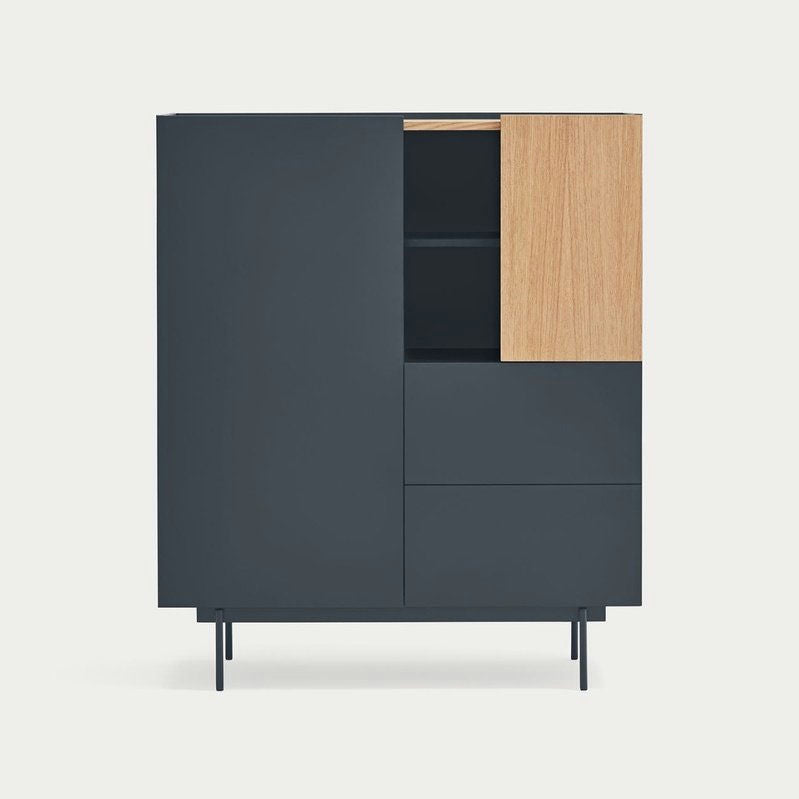 Presentamos el Aparador pequeño con puertas Otto 2P2C, un mueble moderno con un elegante acabado en negro, que cuenta con un panel de madera en el lado derecho, dos cajones inferiores y un estante superior. Se apoya elegantemente sobre unas esbeltas patas negras que encarnan un exquisito diseño moderno.