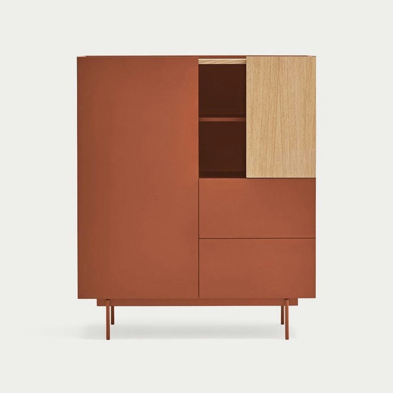 El Aparador pequeño con Puertas Otto 2P2C es un mueble moderno con un acabado en óxido mate y detalles en madera clara. Cuenta con compartimentos geométricos y patas delgadas, que encarnan un diseño moderno y elegante, ideal para espacios contemporáneos.