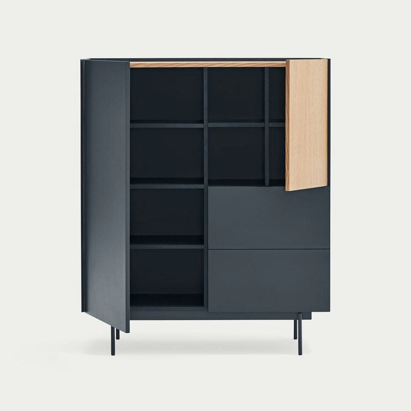 El Aparador pequeño con Puertas Otto 2P2C, de estilo moderno, tiene una estructura negra con detalles en madera. Su puerta parcialmente abierta revela compartimentos prácticos sobre un fondo neutro.