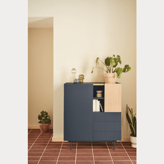 El Aparador pequeño con Puertas Otto 2P2C, con su moderno acabado en azul marino y madera, se alza elegantemente sobre una pared beige. Presenta dos plantas y elementos decorativos, complementados con vegetación adicional sobre el piso de baldosas rojas, lo que realza el encanto del espacio.
