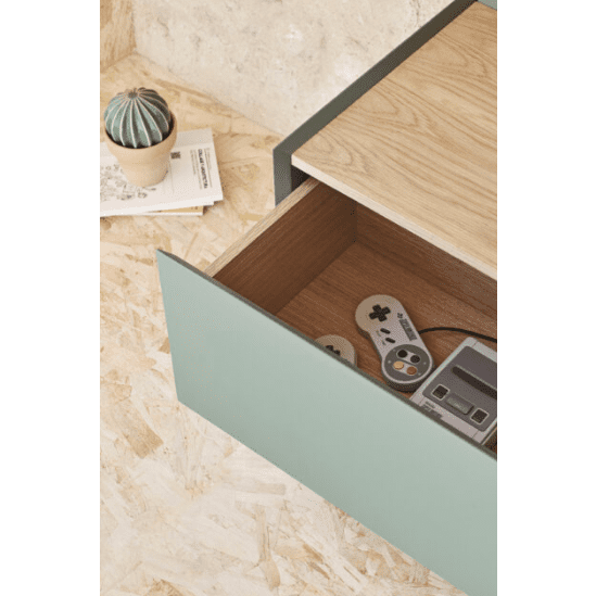 Abre un cajón con dos mandos de videojuegos retro y una consola, realzando el diseño moderno del Mueble TV Arista 1P2C, junto a un pequeño cactus sobre libros.