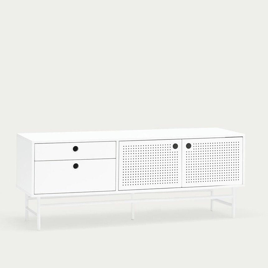 El Mueble TV Punto 2P2C es un aparador blanco moderno con dos cajones a la izquierda, dos puertas perforadas a la derecha y tiradores circulares negros, que proporciona un almacenamiento elegante para cualquier espacio habitable.