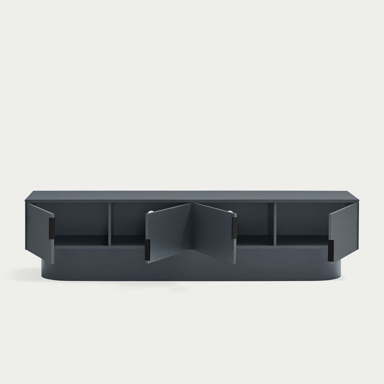 El Mueble TV Totem 4P en un elegante color gris oscuro cuenta con cuatro puertas abiertas con estantes interiores. Su diseño contemporáneo y minimalista lo convierte en un mueble de televisión ideal, que destaca con elegancia sobre un fondo blanco liso.