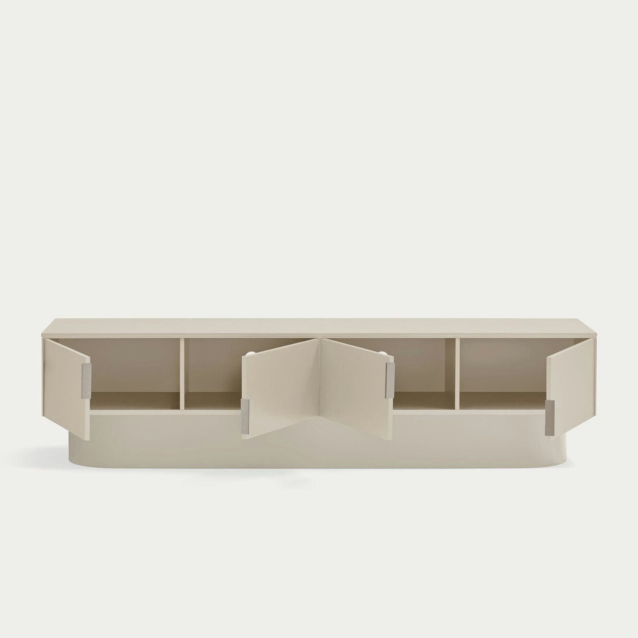 El Mueble TV Totem 4P es un banco minimalista en color beige con cuatro compartimentos y dos puertas centrales que ofrece un almacenamiento moderno. Esta pieza versátil y elegante se adapta perfectamente a cualquier espacio de estar contemporáneo como un complemento funcional de diseño minimalista.