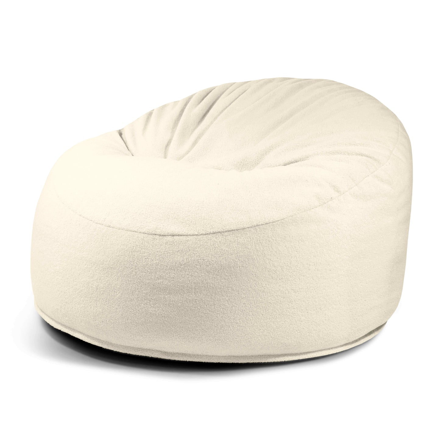 El Foam Bean Bag OM 110 Barcelona es un sillón redondo de color blanco roto con una funda de tejido Teddy suave y texturizado, que se muestra sobre un fondo blanco.