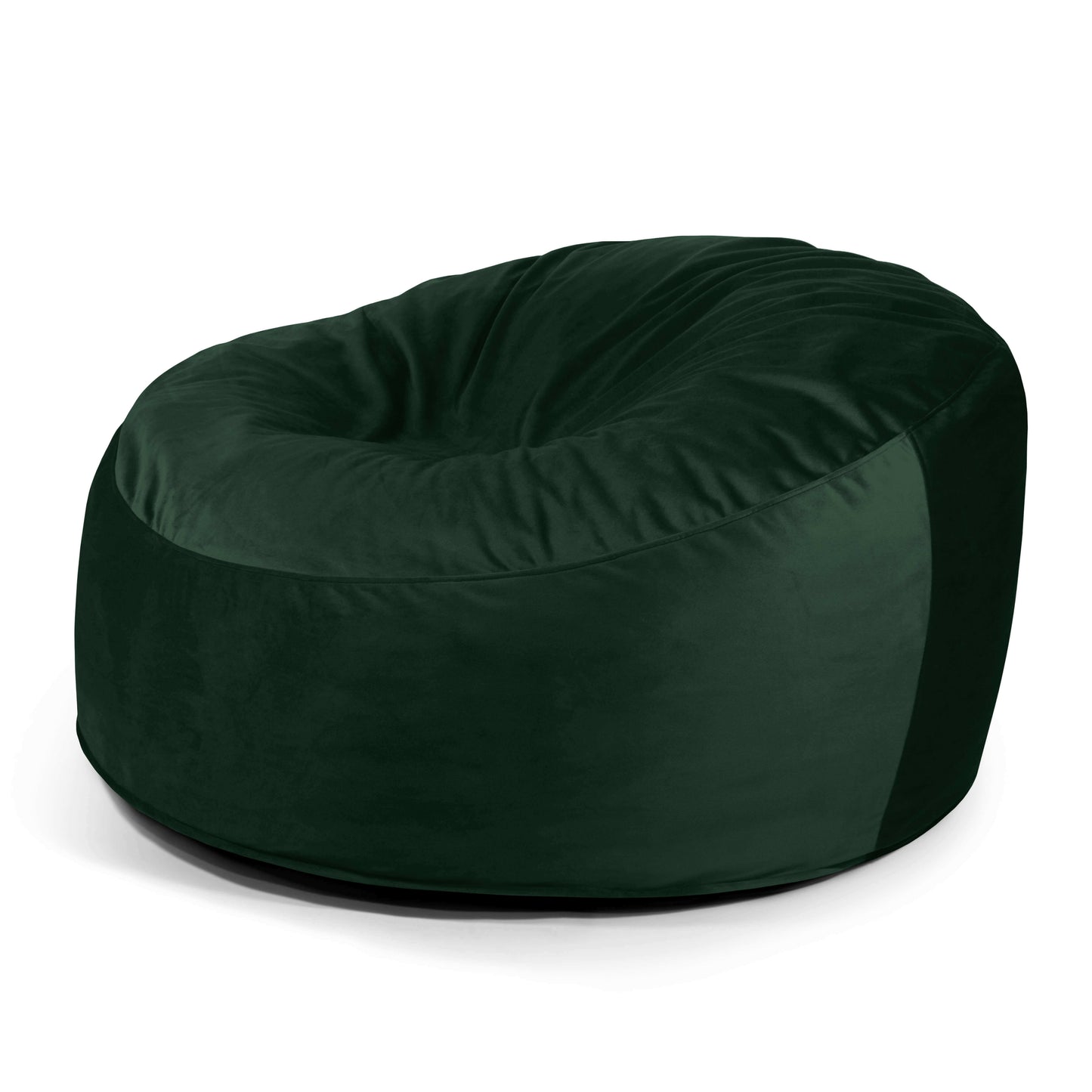 El Foam Bean Bag OM 110 Barcelona, un gran sillón verde oscuro con una textura suave y afelpada, ofrece un asiento cómodo sobre un fondo blanco.