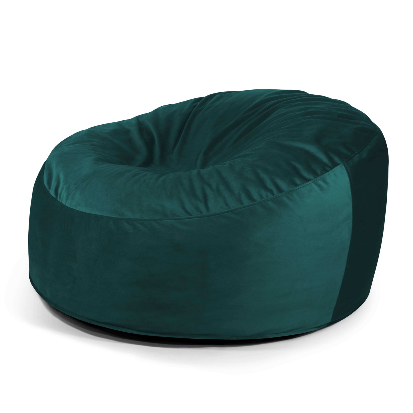 El Foam Bean Bag OM 110 Barcelona es un sillón redondo de color verde oscuro con un suave tejido de felpa y un asiento ligeramente abollado, que ofrece un asiento cómodo y se muestra maravillosamente sobre un fondo blanco.