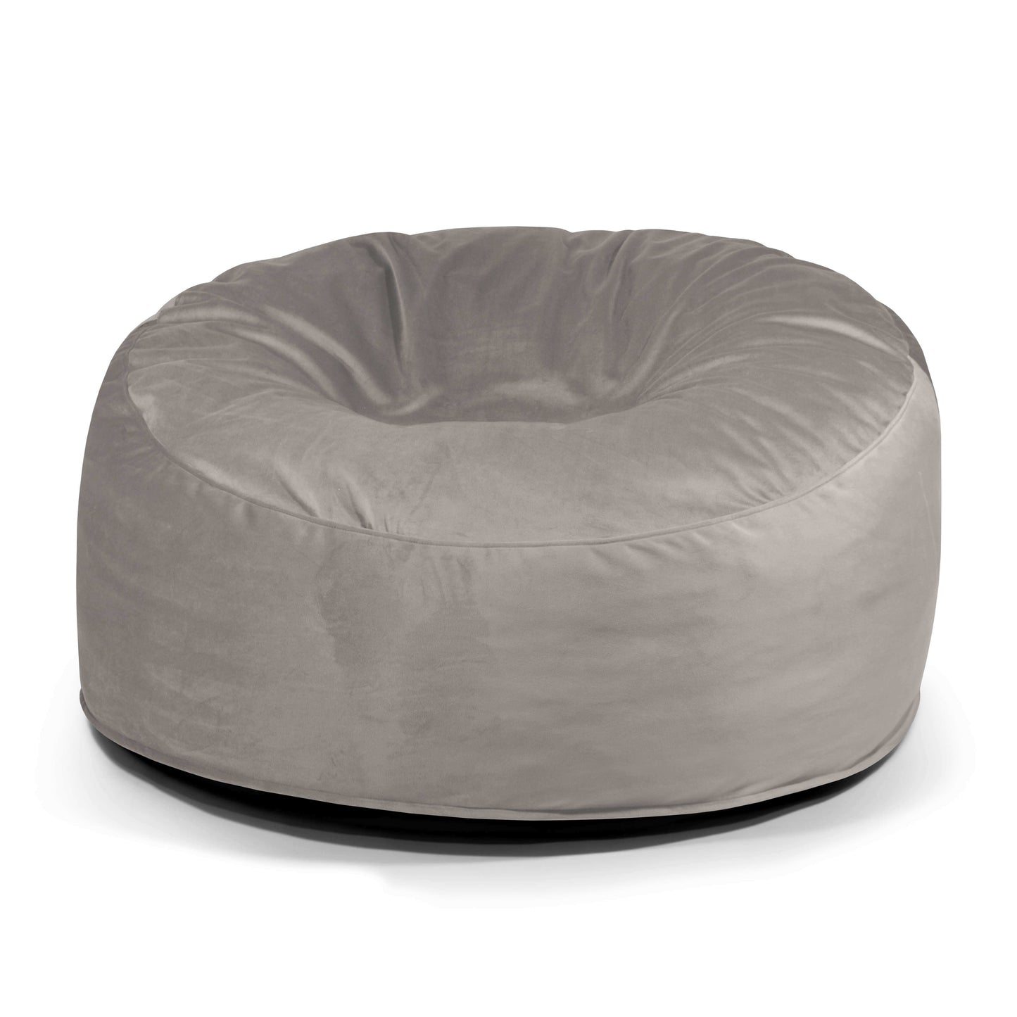 El Foam Bean Bag OM 110 Barcelona es una silla redonda de color gris con un cómodo asiento ligeramente hundido, que se muestra sobre un fondo blanco liso.