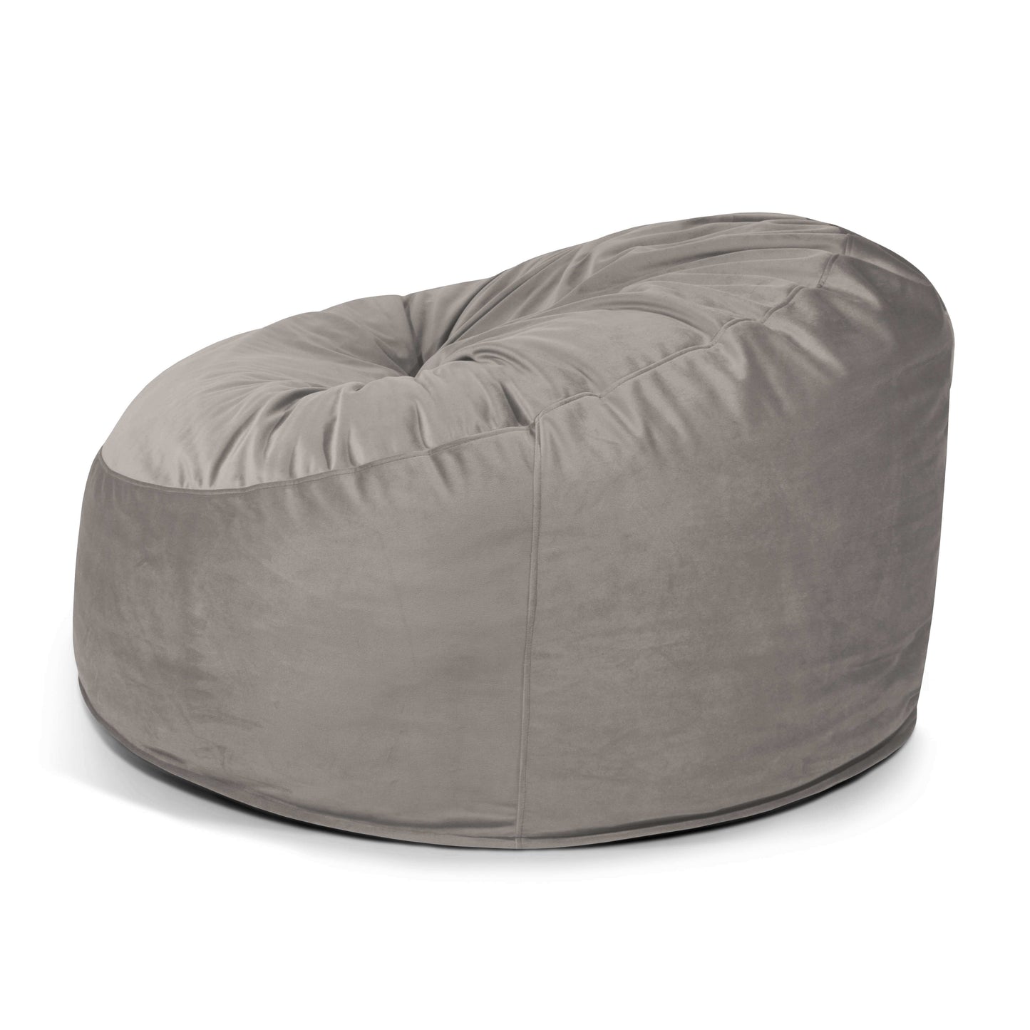 El Foam Bean Bag OM 110 Barcelona es un sillón redondo de color gris con un suave tejido aterciopelado, que se muestra sobre un fondo blanco.