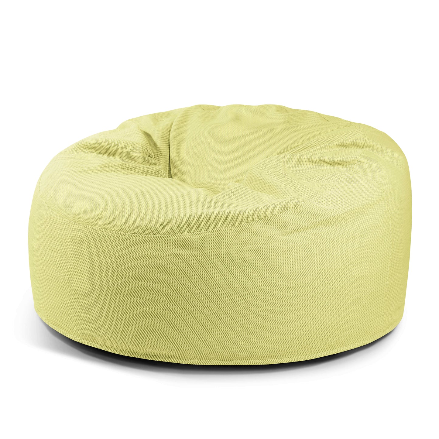 El Foam Bean Bag OM 110 Barcelona es un sillón redondo de color verde claro con una superficie de tela texturizada, que proporciona un asiento adaptable y un cómodo puff, mostrado sobre un fondo blanco.
