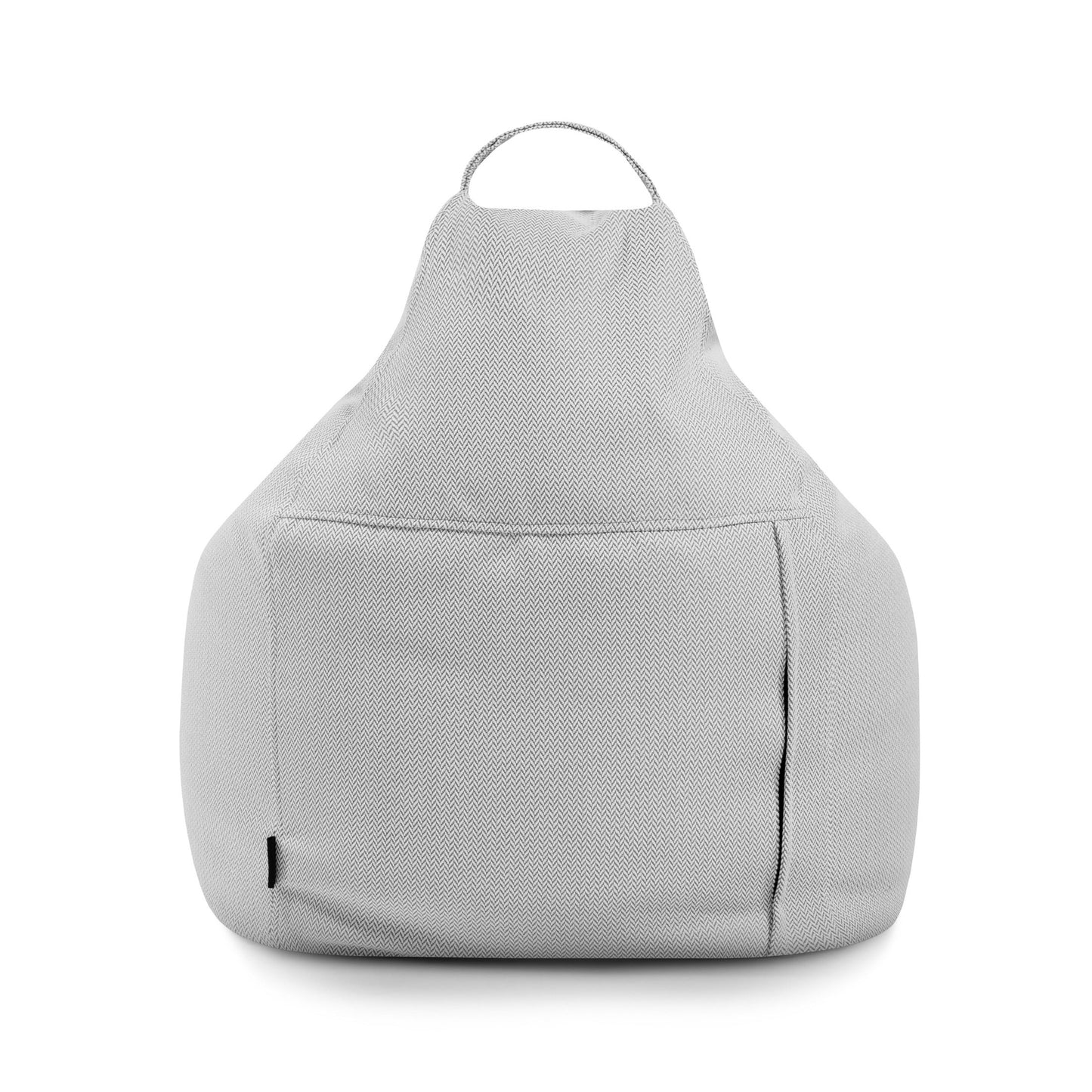 Se muestra un Bean bag Play Canaria - uso exteriores de color gris claro con asa superior y bolsillo delantero, diseñado para niños y adultos, sobre un fondo blanco liso.