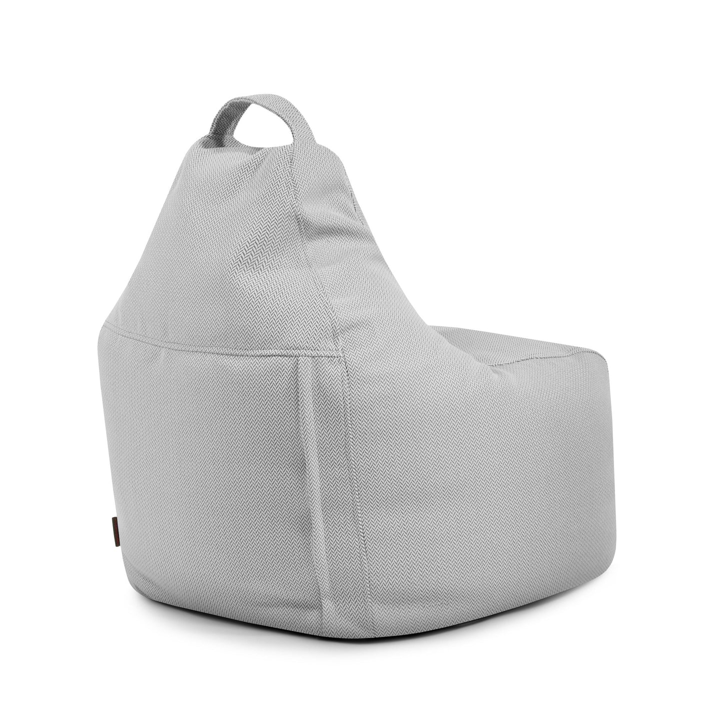 El Bean bag Play Canaria - uso exteriores es un asiento gris claro con respaldo triangular y pequeña asa de transporte, que proporciona comodidad ergonómica como puff para niños y adultos.
