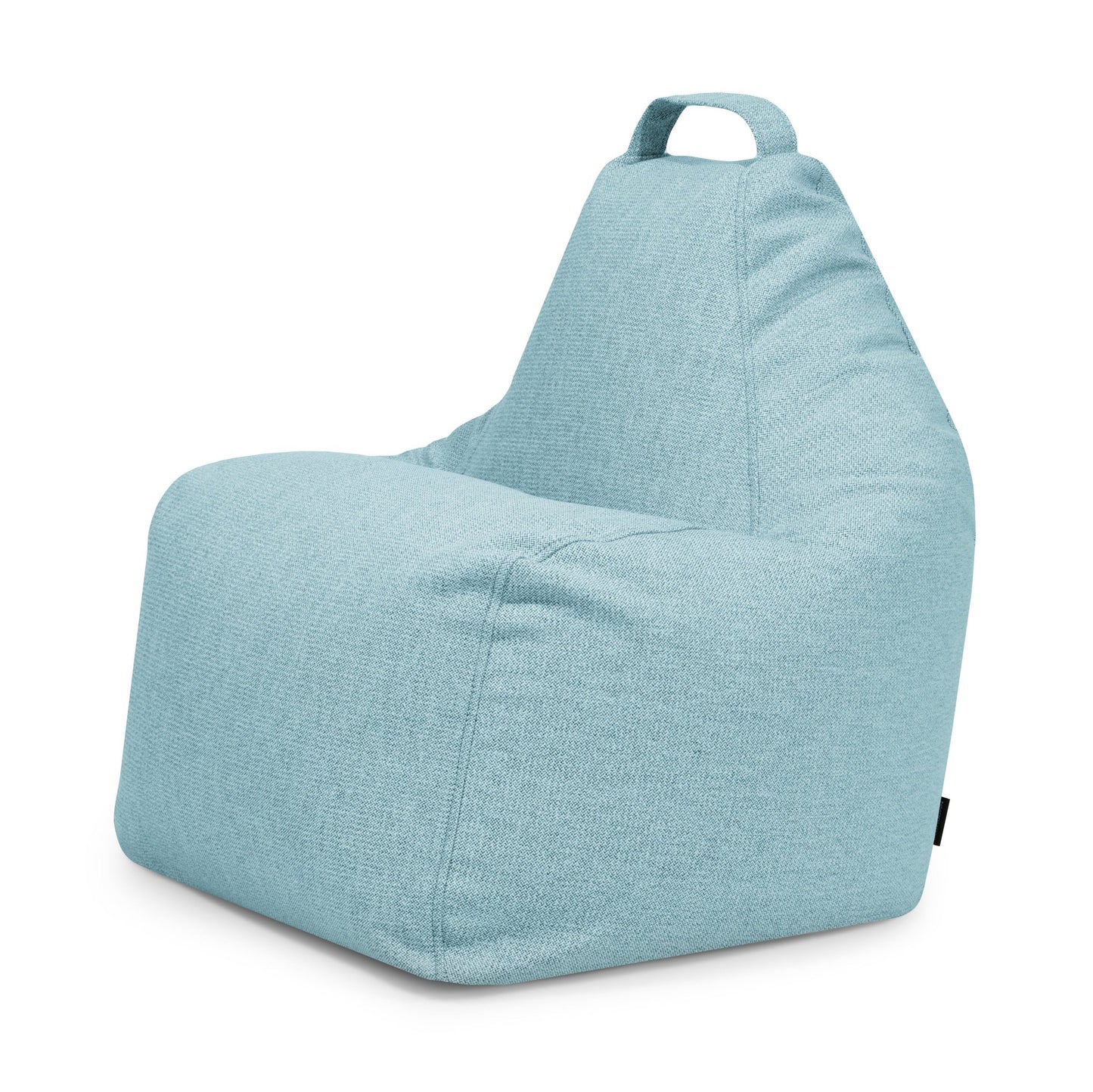 Bean Bag Play Dunes azul claro - silla de uso exterior con respaldo y asa superior, dotada de funda lavable para facilitar su limpieza, mostrada sobre fondo blanco.