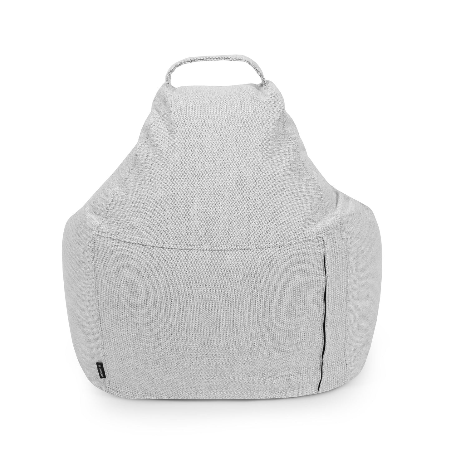 Bean Bag Play Dunes - uso exterior de color gris claro, con asa superior y bolsillo lateral, sobre fondo blanco. Cuenta con una funda lavable para facilitar la limpieza.