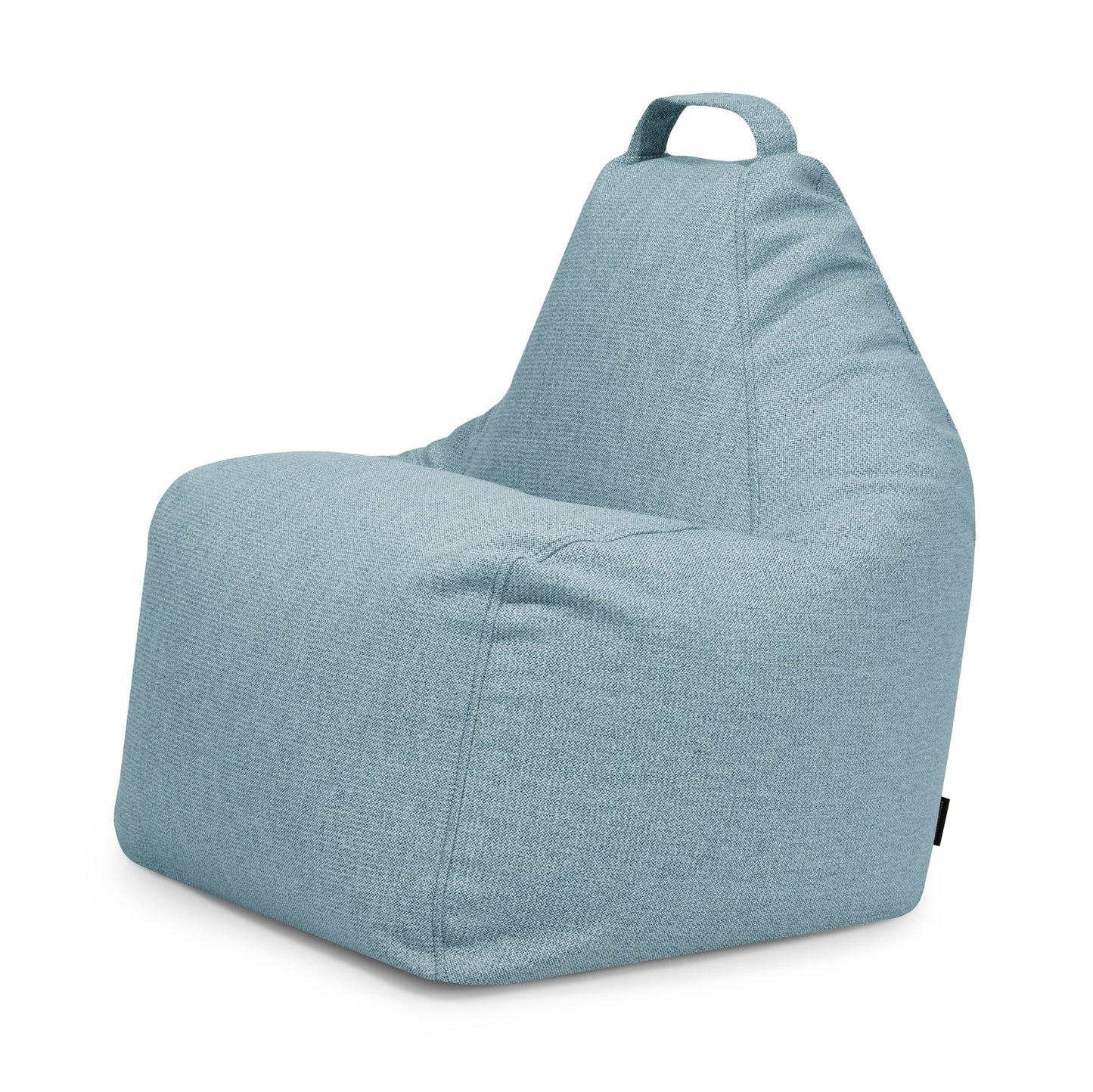 Bean Bag Play Dunes azul claro - uso exterior, con respaldo triangular y asa superior, presenta un diseño puff cómodo y funda lavable. Se muestra sobre fondo blanco.