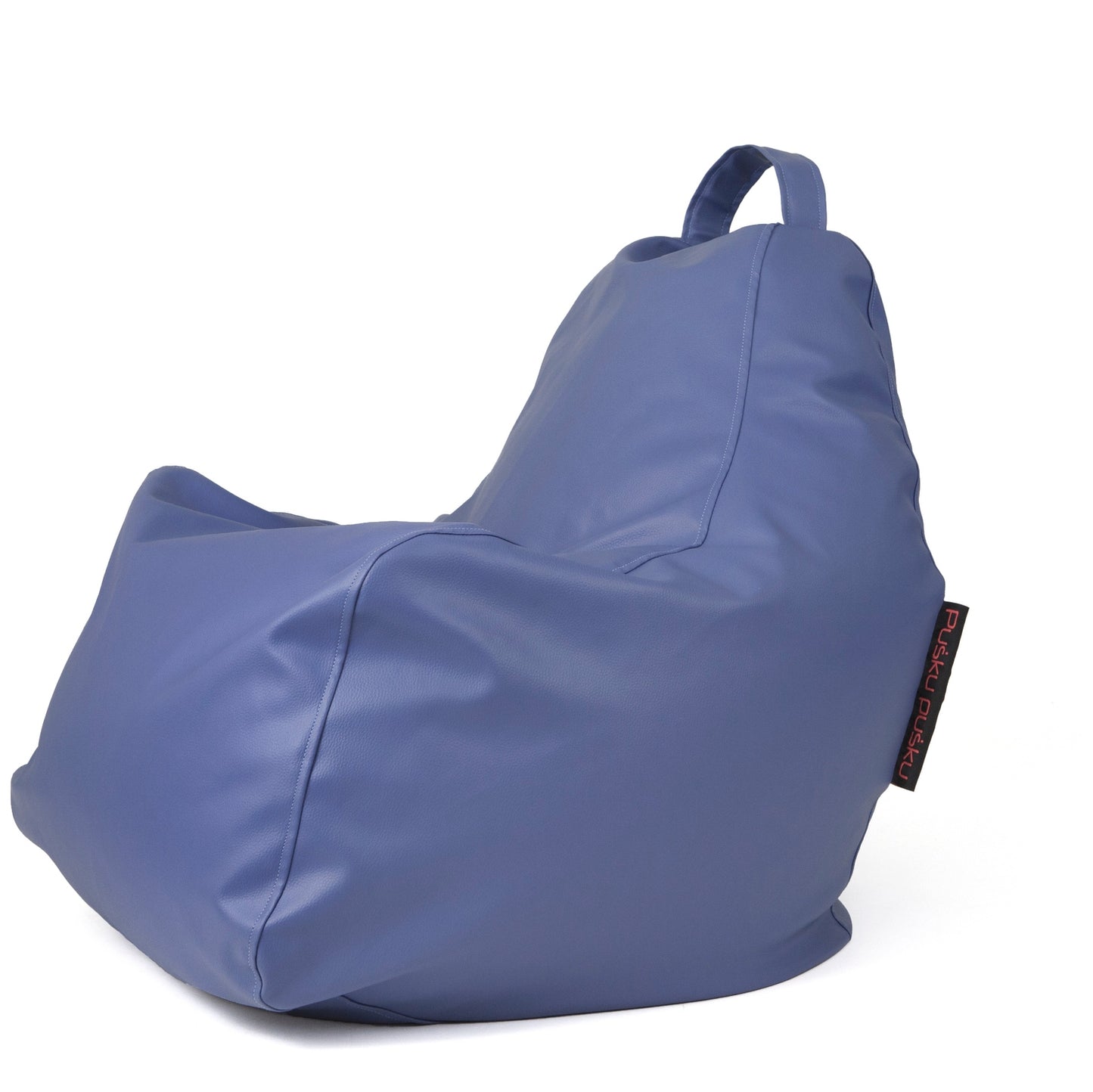 El Bean bag Play Outside - uso exteriores es un sillón bean bag azul con asa superior y etiqueta lateral de tela, que se muestra sobre fondo blanco.