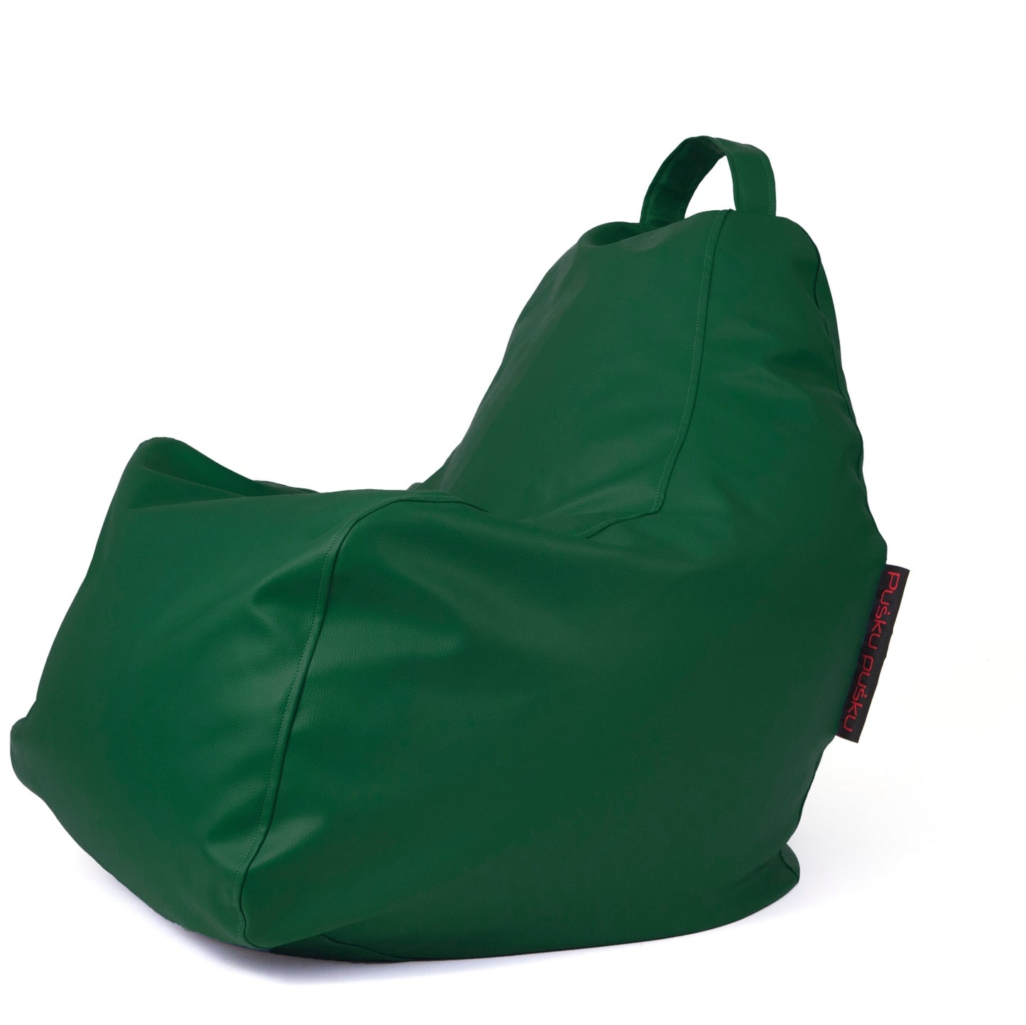 El Bean bag Play Outside - uso exteriores es un sillón bean bag verde con respaldo y asa de transporte, que se muestra sobre un fondo blanco, proporcionando un asiento ergonómico para sentarse cómodamente al aire libre.