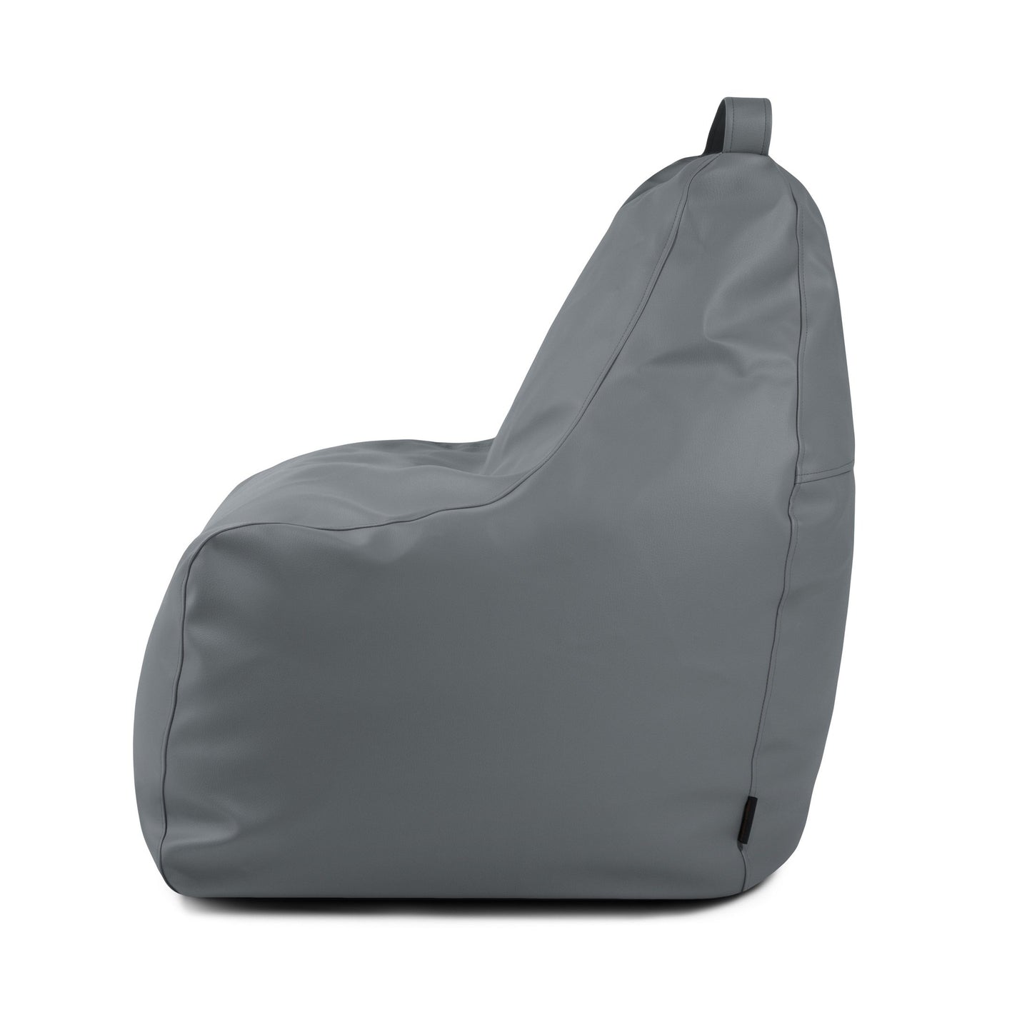 La Bean bag Play Outside - uso exteriores es una silla ergonómica gris con respaldo alto y lazo superior de tela, mostrada de perfil sobre fondo blanco.