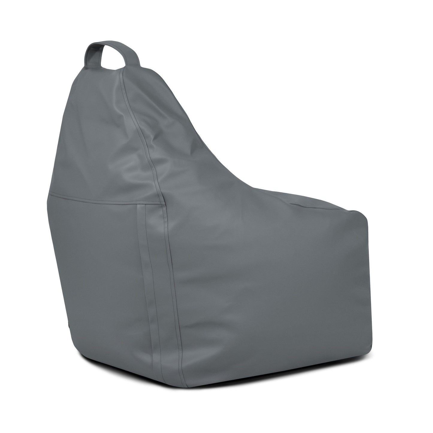 El Bean bag Play Outside - uso exterior se muestra en gris con un respaldo alto, asa de transporte y asiento ergonómico para mayor apoyo sobre un fondo blanco liso.