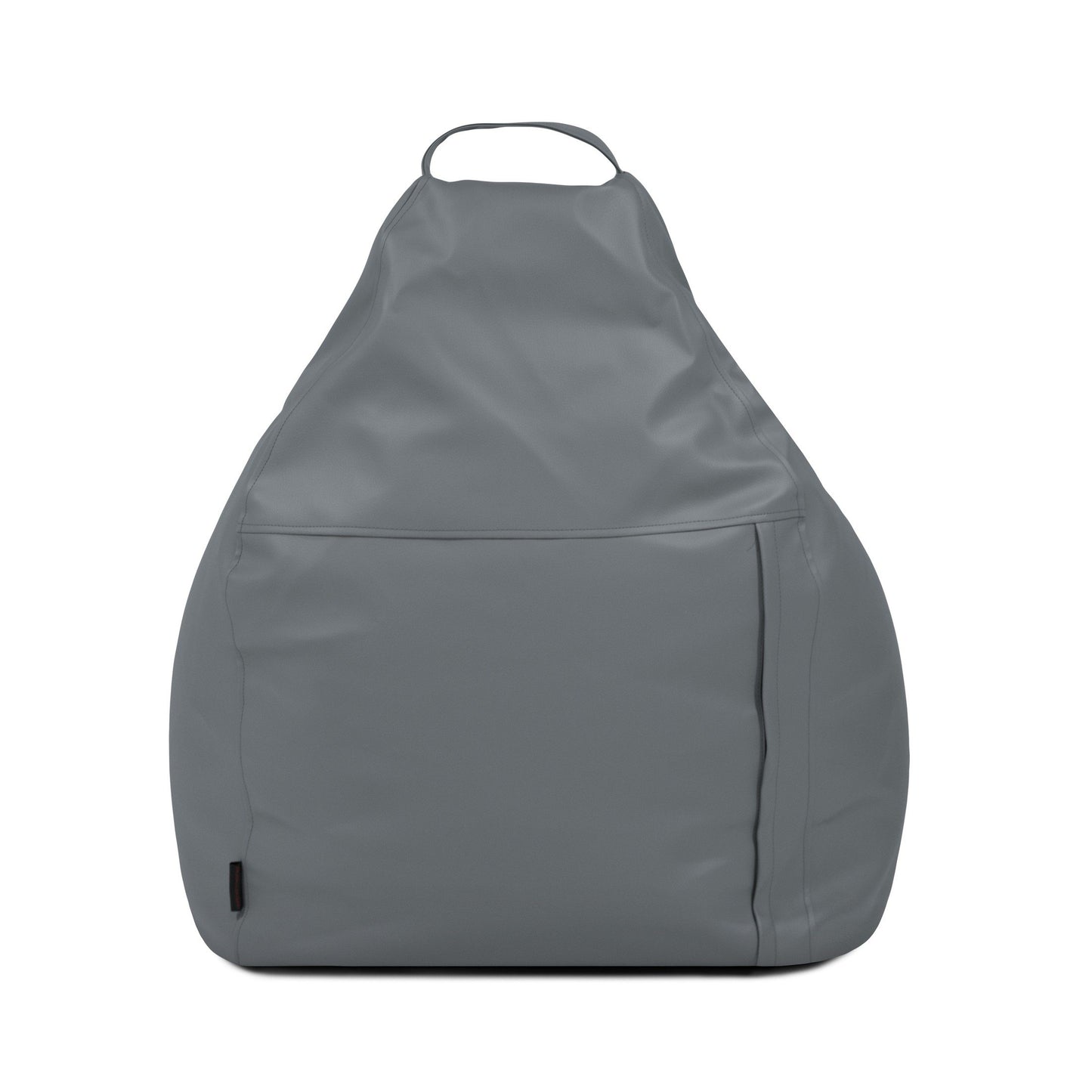 El Bean bag Play Outside - uso exterior es un sillón bean bag gris en forma de lágrima con un exterior resistente, asa superior y bolsillo frontal, que se muestra sobre un fondo blanco.