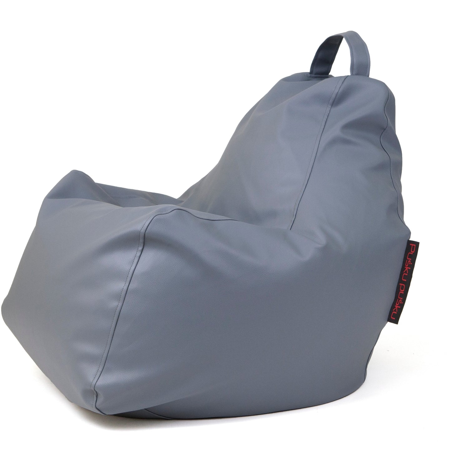 El Bean bag Play Outside - uso exterior es un sillón bean bag de piel gris con un exterior resistente, asa en la parte superior y una pequeña etiqueta lateral, que se muestra sobre un fondo blanco.