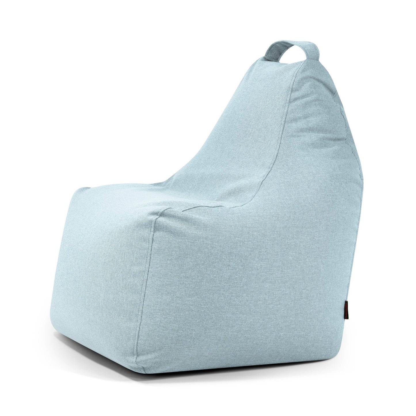 Bean bag Play Riviera azul claro para exterior, ergonómico con respaldo alto y asa de transporte superior, incluye funda lavable. Se muestra sobre fondo blanco.
