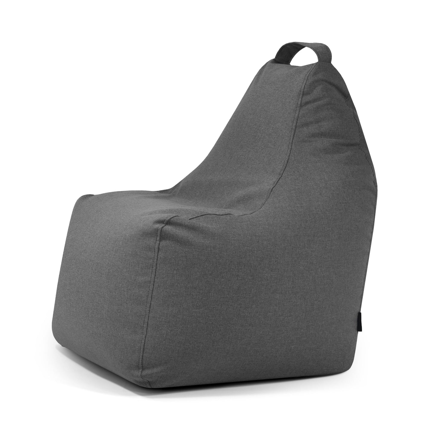 El Bean bag Play Riviera - uso exteriores es un sillón ergonómico de tela gris con respaldo alto y asa de transporte, sobre fondo blanco.