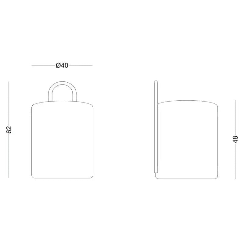 Dibujo técnico del Puff Redondo Tapizado Horn A en vista frontal y lateral, de diseño contemporáneo. Las dimensiones son 62 mm de altura y 40 mm de diámetro en vista frontal, con una altura de 48 mm en vista lateral. Perfecto para integrar con mobiliario contemporáneo.