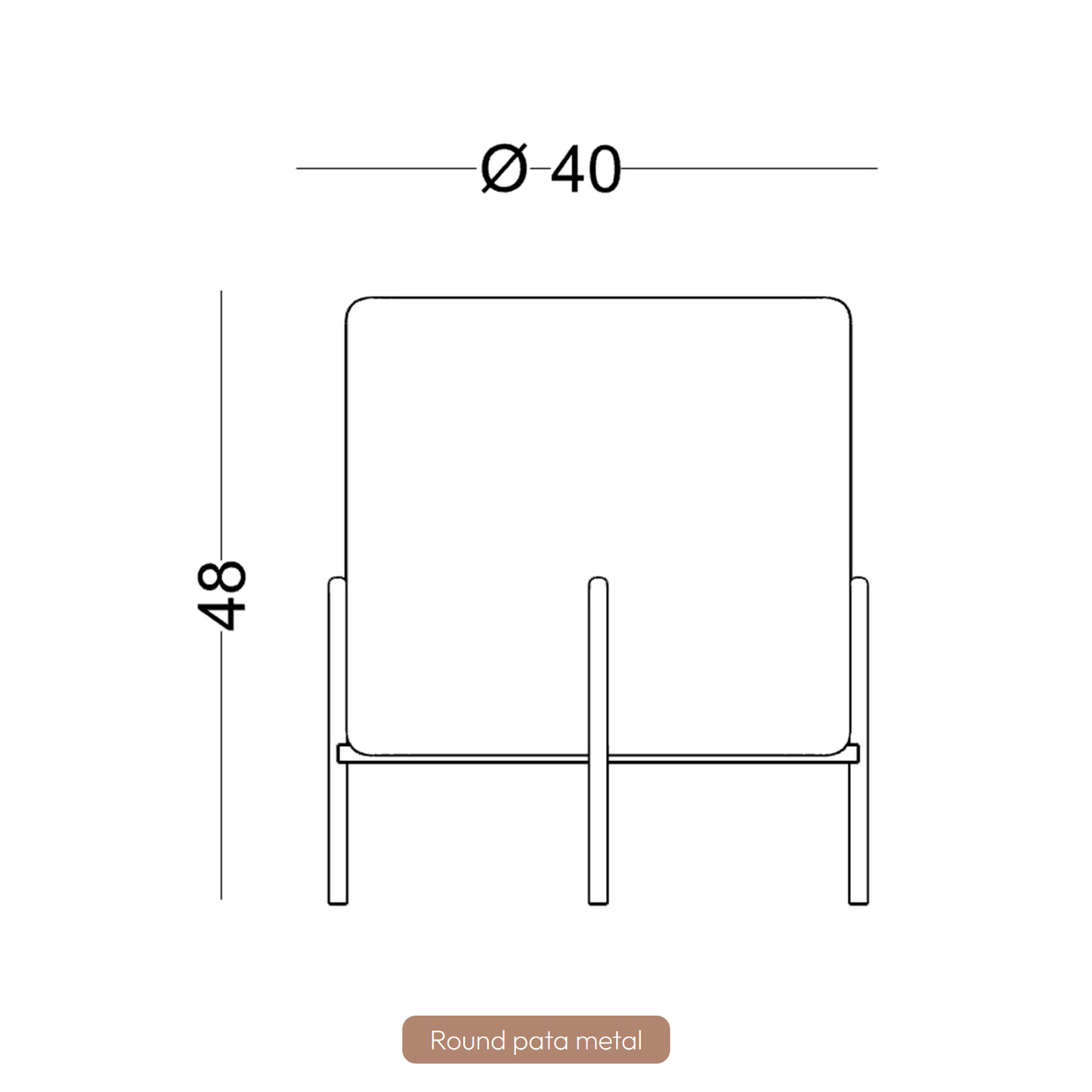 Dibujo técnico de una silla Puff Redondo Tapizado con Patas de Metal Redonda de dimensiones: 40 unidades de diámetro, 48 unidades de altura. Etiquetado