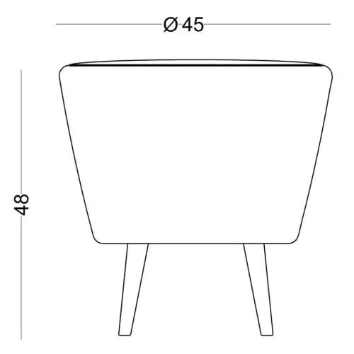 Diagrama del Puff Redondo Tapizado con patas Jakoff, con un diámetro de 45 unidades y una altura de 48 unidades con dos patas inferiores. El diseño fusiona las líneas limpias del diseño nórdico, equilibrando sin esfuerzo la forma y la función.