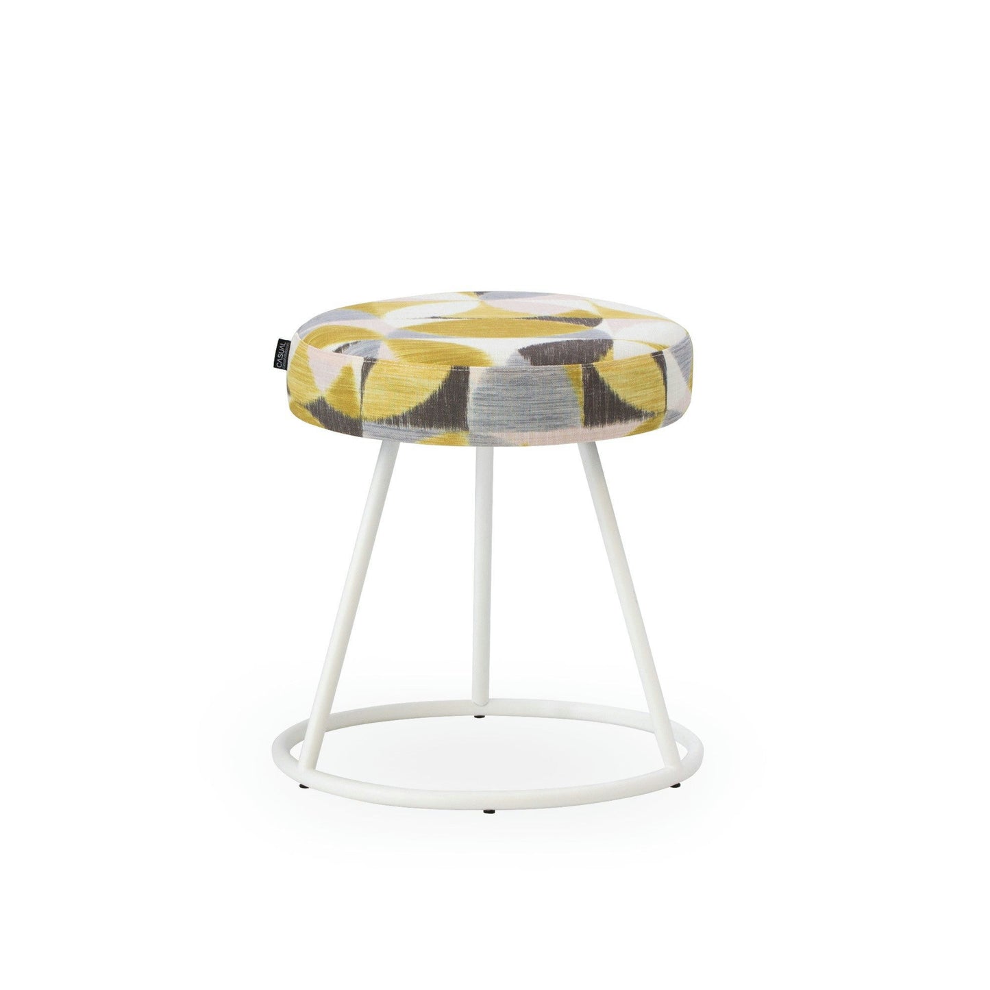El Puff Redondo Tapizado y Metal Vita presenta un asiento estampado en amarillo, gris y blanco sobre una elegante estructura metálica blanca, abrazando un diseño moderno.